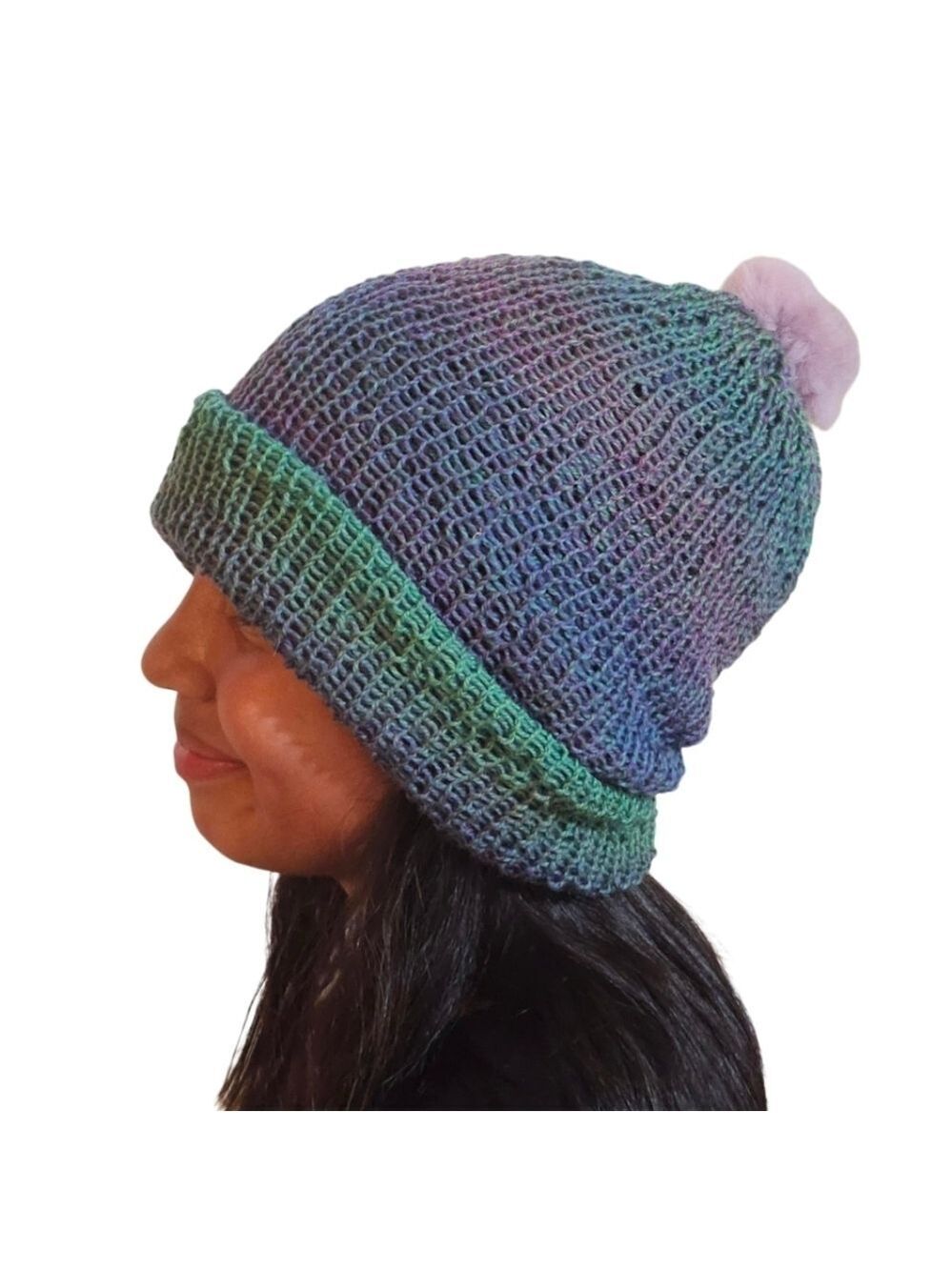 Hand Crafted Crochet beanie Handmade winter hat upcycled pom pom Ombrè purple